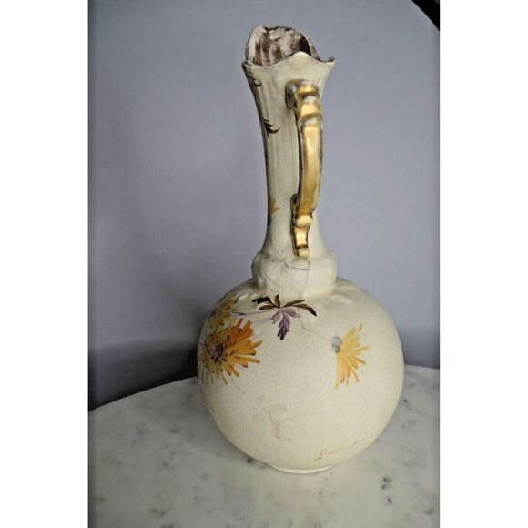 Antq Art Nouveau Ewer Gold Painted Floral Pitcher Ornate Handle Unmarked Cottage - Picture 7 of 9